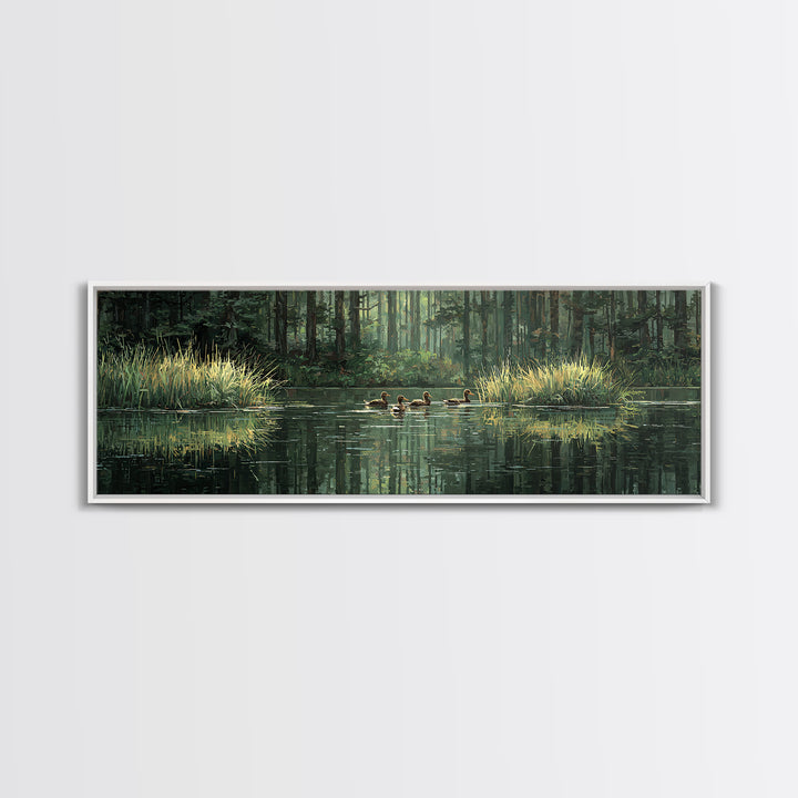 Quiet Forest Pond With Ducks Framed Canvas Print, Nature Wall Art, Rustic Cabin Decor, Green Landscape For Living Room Decor