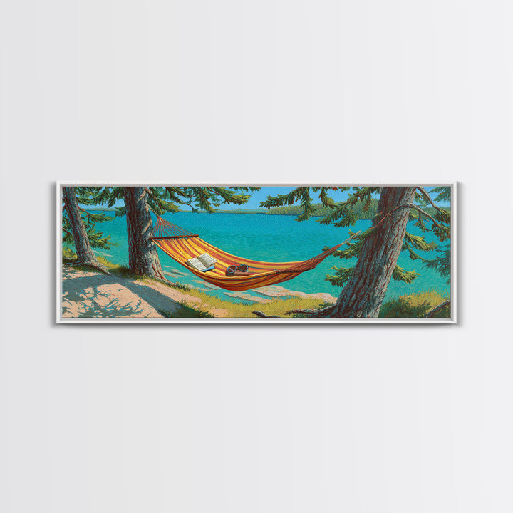 Lakeside Hammock Between Pine Trees Canvas Print, Relaxing Cabin Wall Art, Lake House Decor, Rustic Nature Gift For Living Room Wall Decor