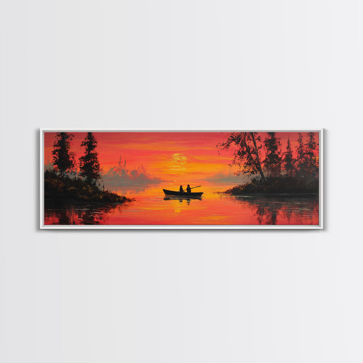 Orange Sunset Canoe Lake Wall Art, Romantic Nature Painting, Cabin Wall Art, Rustic Home Decor, Living Room Landscape Print