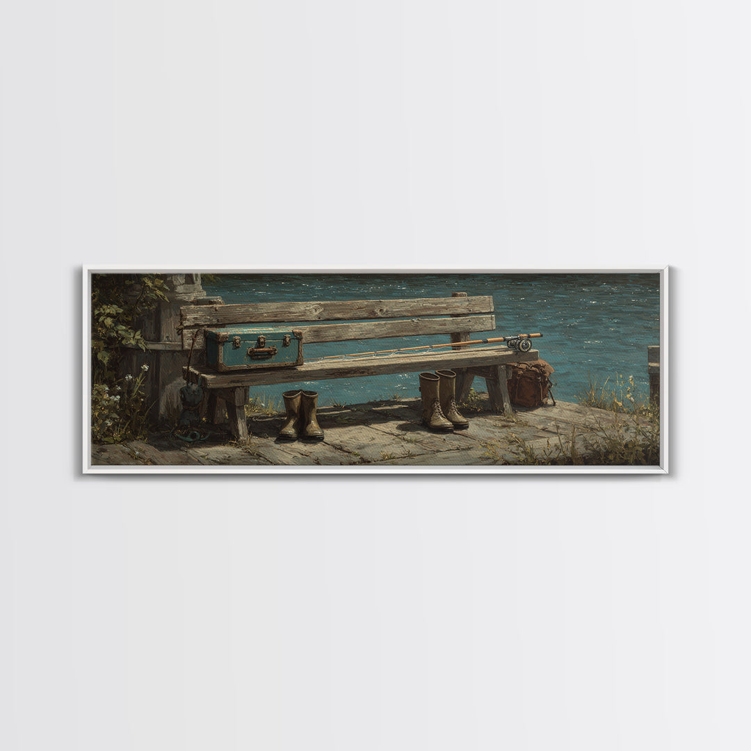 Weathered Lakeside Bench With Boots Canvas Print, Rustic Lake House Wall Art, Fishing Cabin Decor, Moody Landscape Gift For Him