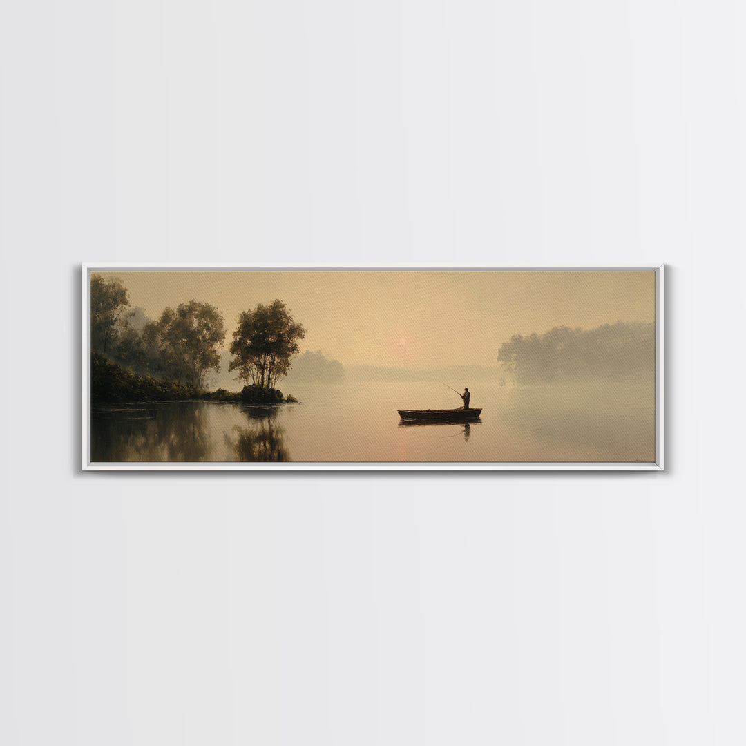 Misty Lake Fisherman Boat Wall Art, Serene Landscape Canvas Print, Neutral Nature Decor, Peaceful Living Room Art Housewarming Gift