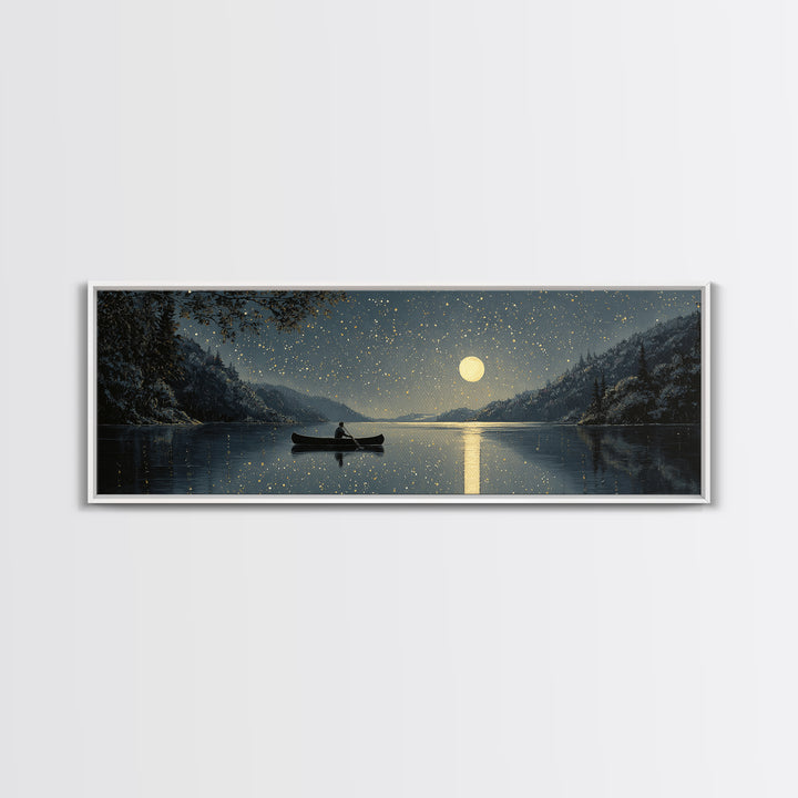 Moonlit Canoe On Snowy Lake Wall Art, Starry Night Landscape Canvas Print, Rustic Cabin Decor For Peaceful Home Living Room Wall Decor
