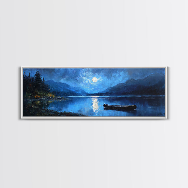Moonlit Blue Lake Canoe Canvas Print, Moody Landscape Wall Art, Mountain Lake Decor, Cabin Wall Decor, Peaceful Nature Art