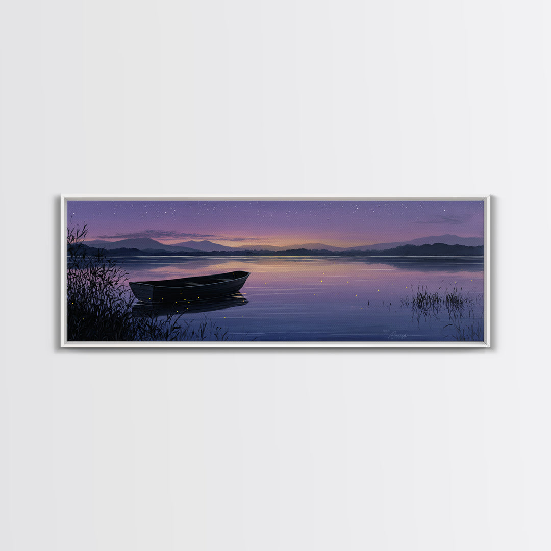 Twilight Lake Boat Framed Canvas Print, Starry Purple Mountain Landscape, Peaceful Cabin Wall Art For Cozy Bedroom Decor