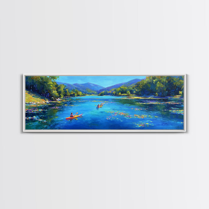 Kayakers On Blue Mountain River Wall Art, Panoramic Landscape Canvas Print, Nature Wall Decor, Living Room Art, Large Horizontal Home Decor