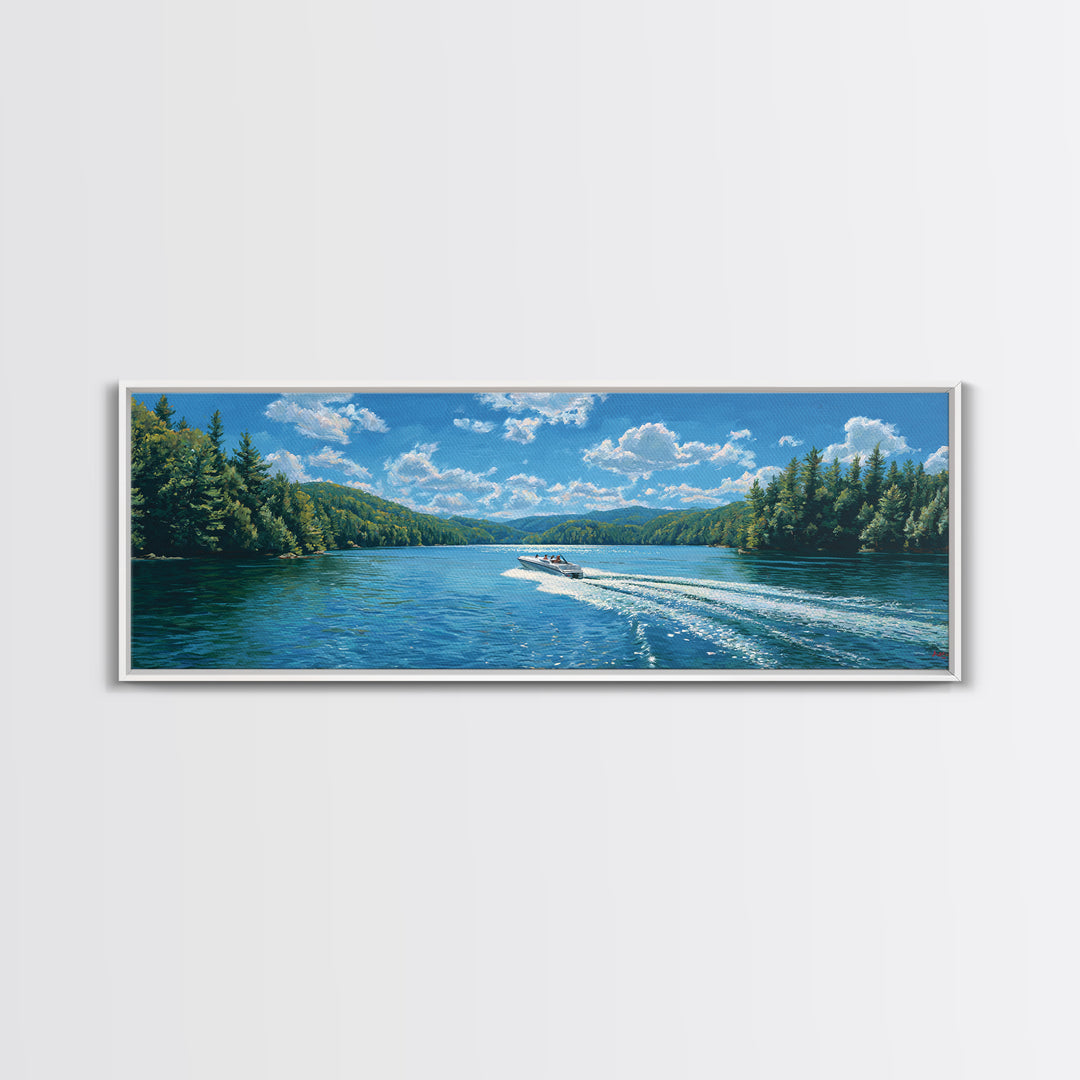 Pine Forest Lake Wall Art, Speedboat Wake Landscape Canvas Print, Lake House Decor, Nature Wall Decor, Large Wall Art Prints