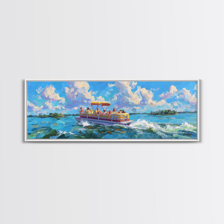 Colorful Pontoon Boat Lake Canvas Print, Coastal Wall Art, Summer Beach Decor, Nautical Landscape, Large Living Room Art