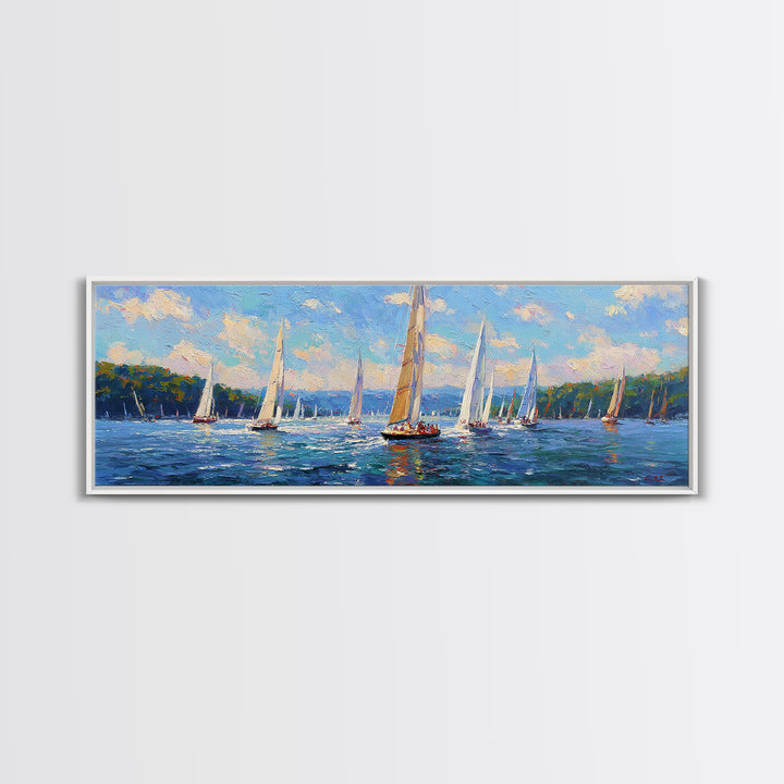 Impressionist Sailboat Regatta Canvas Print, Lake Seascape Wall Art, Nautical Coastal Decor For Living Room And Lake House Decor