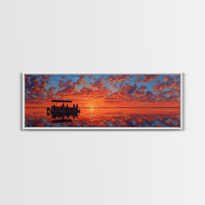 Pontoon Boat On Fiery Sunset Lake Wall Art, Orange Seascape Canvas Print, Nature Decor, Large Landscape Art, Gift For Her