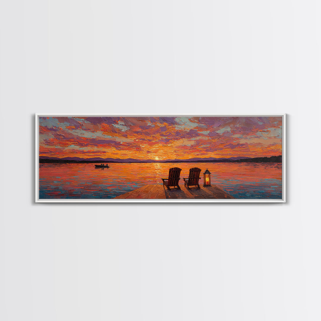 Sunset Dock With Adirondack Chairs Framed Canvas Print, Lake House Wall Art, Colorful Seascape Decor, Romantic Cabin Gift
