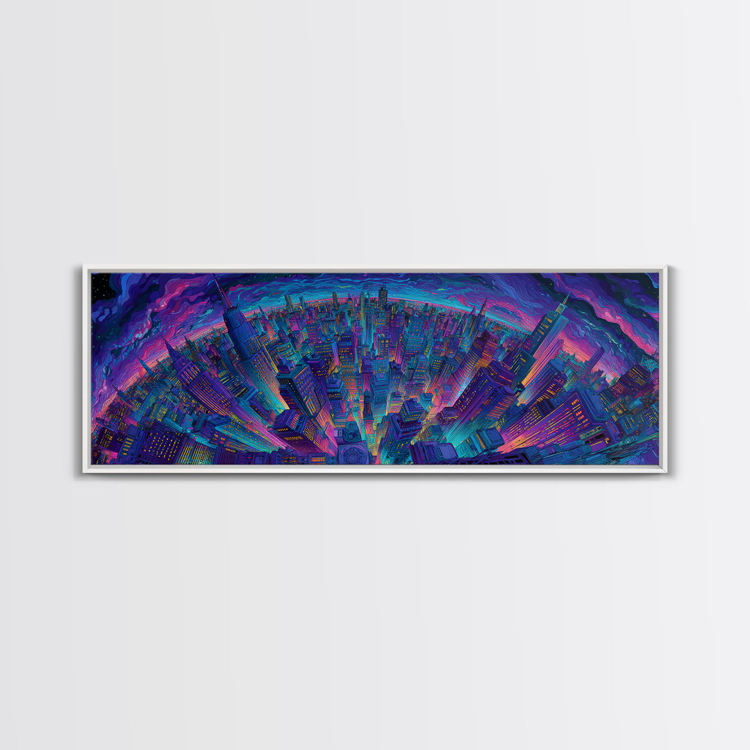 Neon Cyberpunk City Skyline Framed Canvas Print, Futuristic Wall Art, Sci Fi Wall Decor, Gaming Room Art, Urban Home Decor