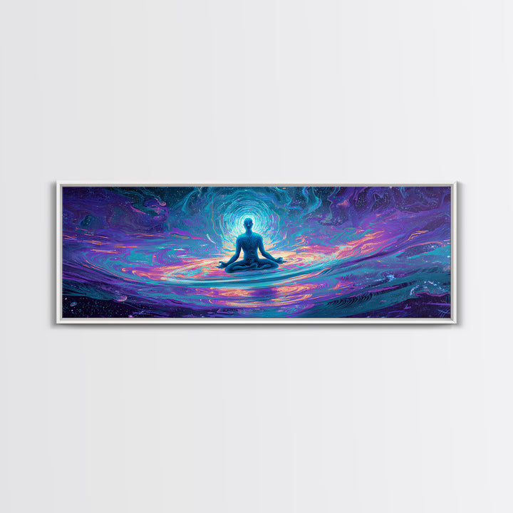 Meditating Figure Cosmic Water Wall Art, Spiritual Celestial Canvas Print, Psychedelic Zen Decor For Yoga Studio Or Meditation Room