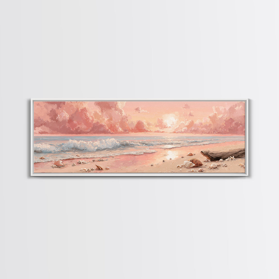 Blush Pink Seashell Beach Sunset Wall Art, Pastel Shore Painting, Coastal Ocean Canvas Decor, Beach House Nursery Decor Gift