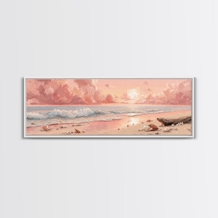 Blush Pink Seashell Beach Sunset Wall Art, Pastel Shore Painting, Coastal Ocean Canvas Decor, Beach House Nursery Decor Gift