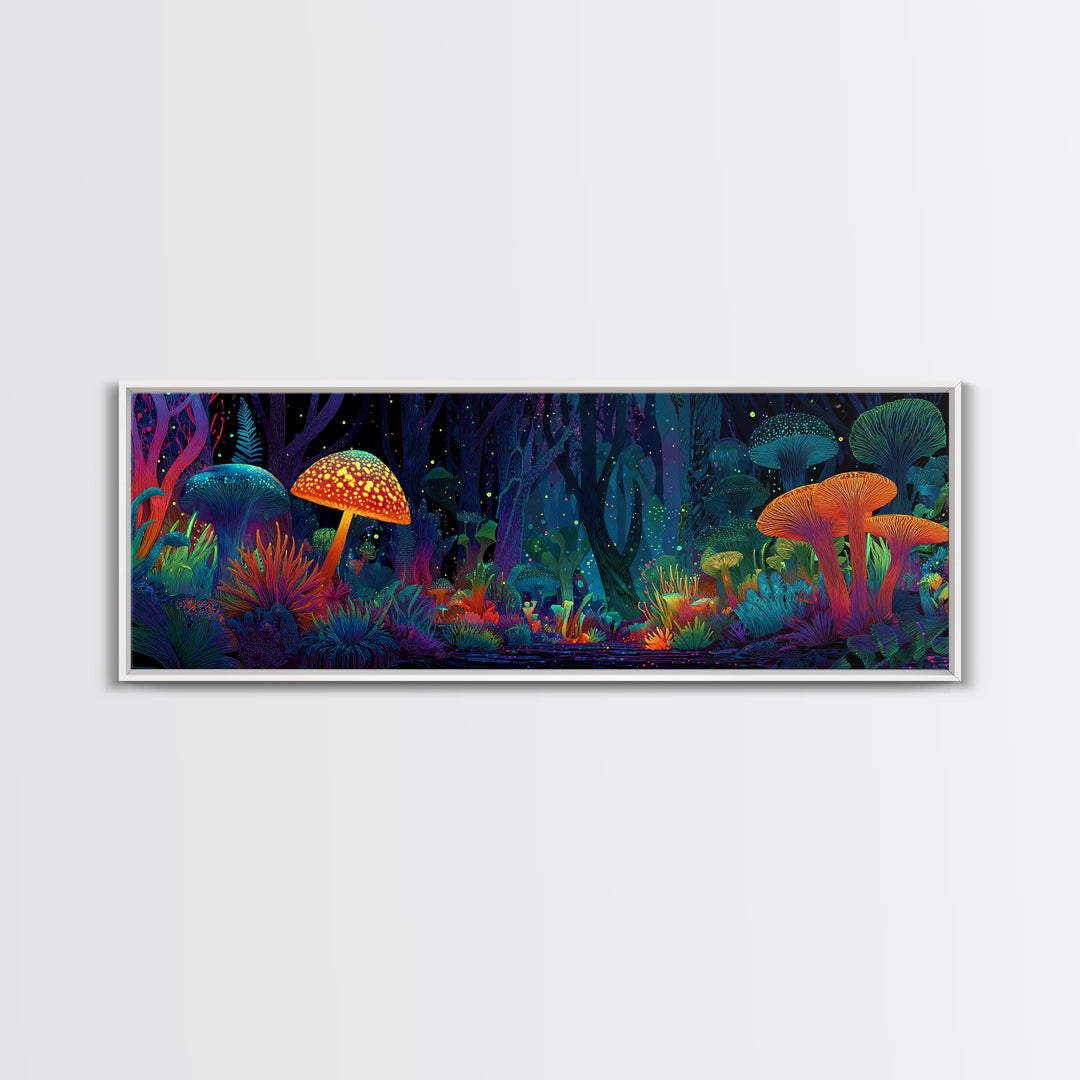 Glowing Mushroom Forest With Neon Woodland Canvas Print, Psychedelic Wall Art For Kids Room Decor And Whimsical Home Decor