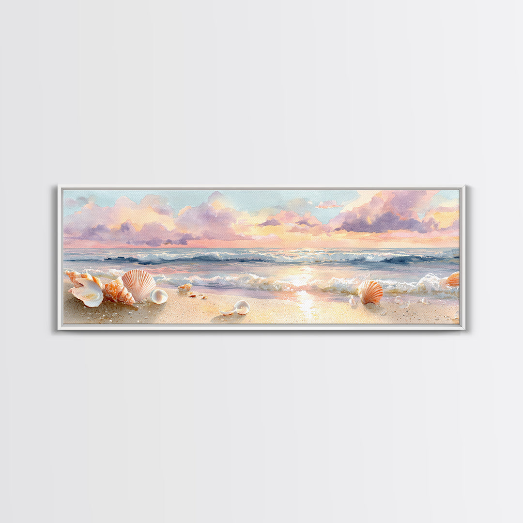 Pastel Seashell Beach Canvas Print, Soft Ocean Wave Shore Painting, Coastal Wall Art, Beach House Bathroom Home Decor Gift