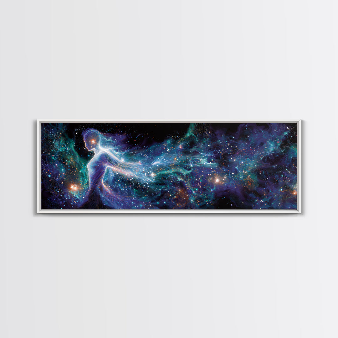 Cosmic Goddess Figure Drifting Through Stars Framed Canvas Print, Celestial Wall Art For Meditation Room Decor And Spiritual Gift