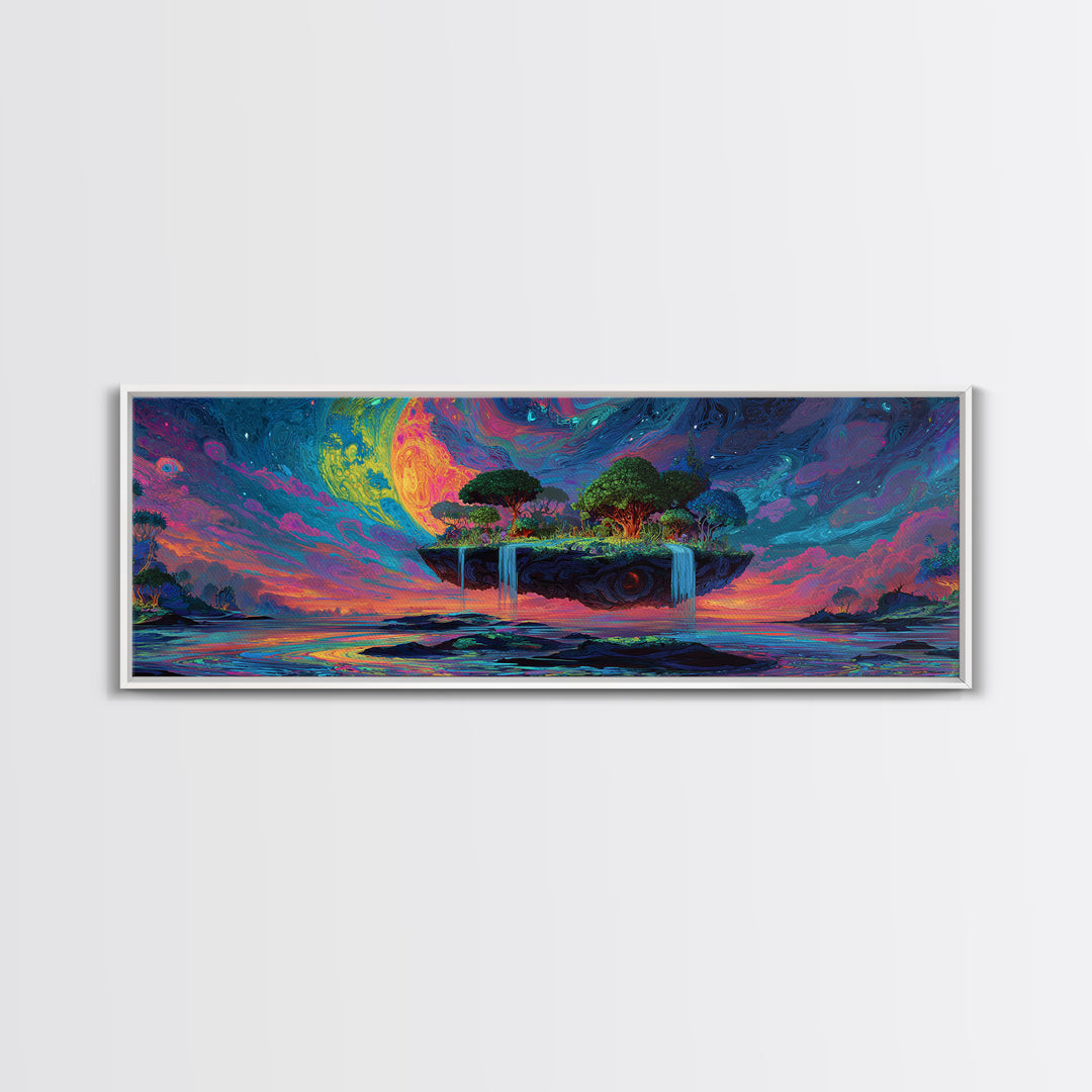 Floating Island Waterfalls Canvas Print, Crescent Moon Fantasy Seascape, Celestial Wall Art For Bedroom Or Living Room Decor