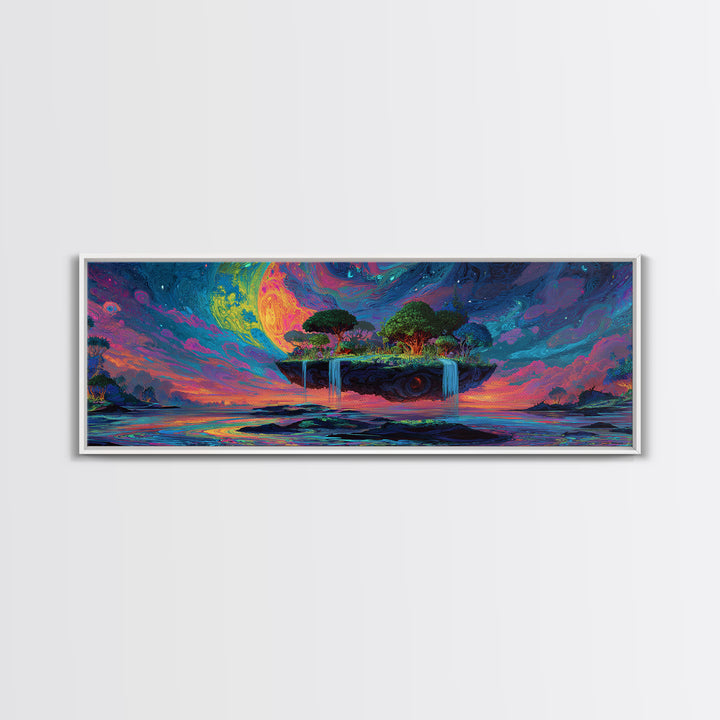 Floating Island Waterfalls Canvas Print, Crescent Moon Fantasy Seascape, Celestial Wall Art For Bedroom Or Living Room Decor