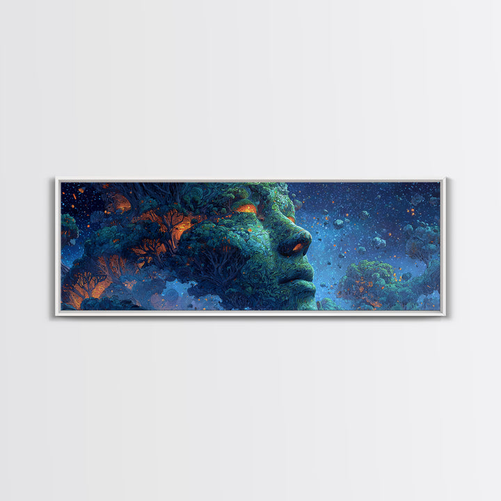 Cosmic Forest Goddess Face Wall Art, Surreal Nature Canvas Print, Mystical Celestial Decor, Psychedelic Large Statement Art