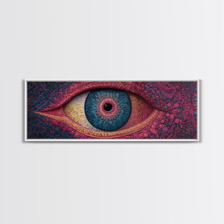 Psychedelic Blue Eye With Magenta Texture Wall Art, Surreal Canvas Print For Trippy Room Decor And Modern Statement Artwork