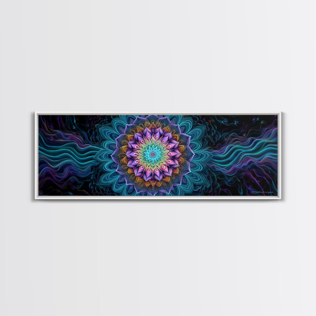 Teal Purple Fractal Mandala Flower Framed Canvas Print, Psychedelic Spiritual Wall Art For Yoga Studio And Meditation Decor