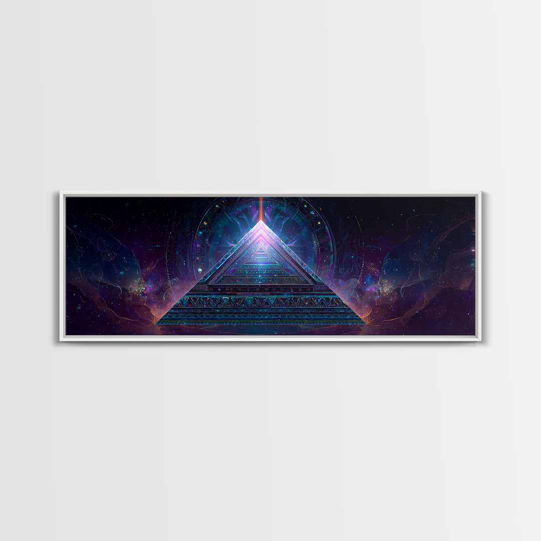 Glowing Sacred Geometry Pyramid Framed Canvas Print, Cosmic Spiritual Wall Art For Meditation Room And Modern Office Decor