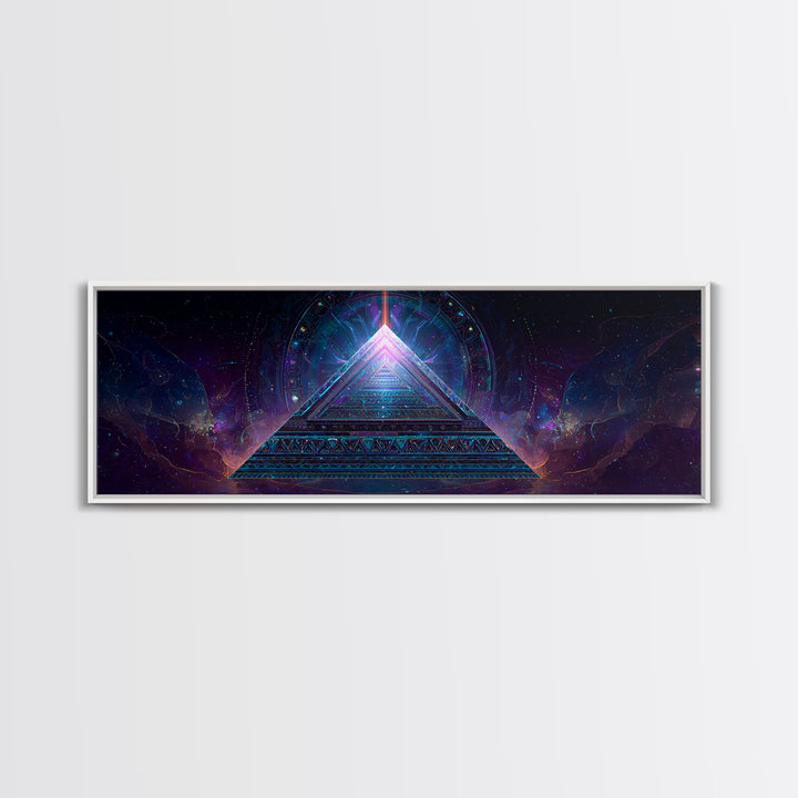 Glowing Sacred Geometry Pyramid Framed Canvas Print, Cosmic Spiritual Wall Art For Meditation Room And Modern Office Decor