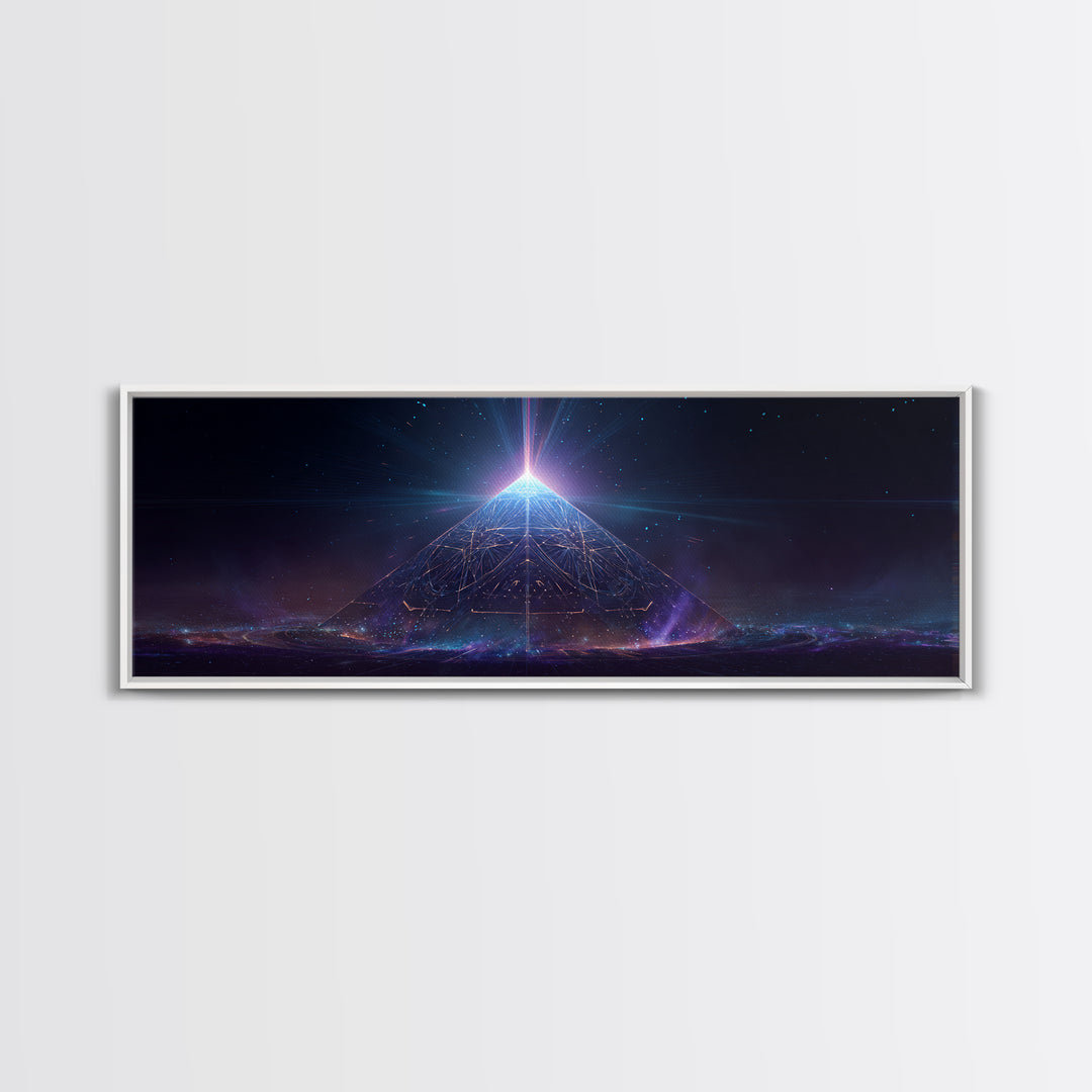 Glowing Cosmic Pyramid Wall Art, Futuristic Celestial Space Print, Mystical Sacred Geometry Decor, Framed Canvas Print For Office Decor