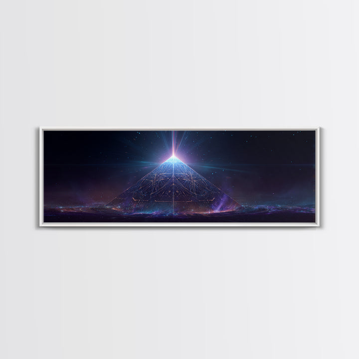 Glowing Cosmic Pyramid Wall Art, Futuristic Celestial Space Print, Mystical Sacred Geometry Decor, Framed Canvas Print For Office Decor