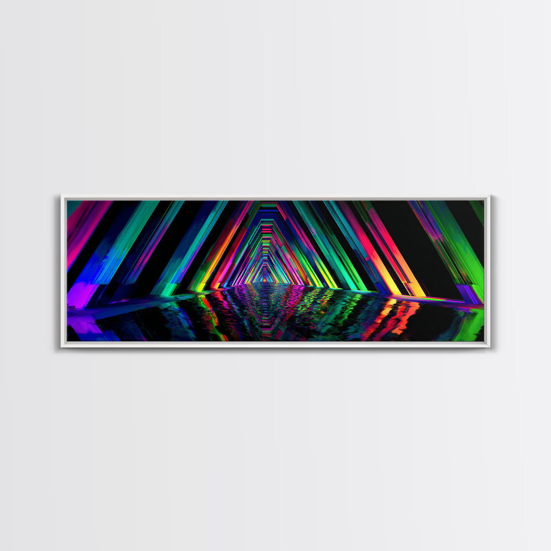 Neon Geometric Tunnel Reflection Canvas Print, Cyberpunk Wall Art, Futuristic Abstract Art, Gaming Room Decor, Vaporwave Poster