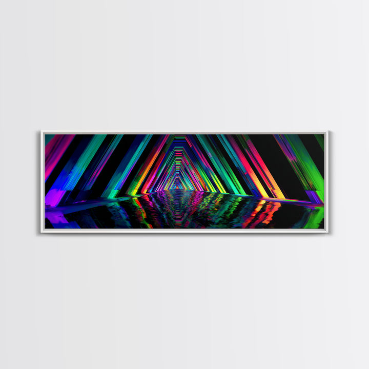 Neon Geometric Tunnel Reflection Canvas Print, Cyberpunk Wall Art, Futuristic Abstract Art, Gaming Room Decor, Vaporwave Poster