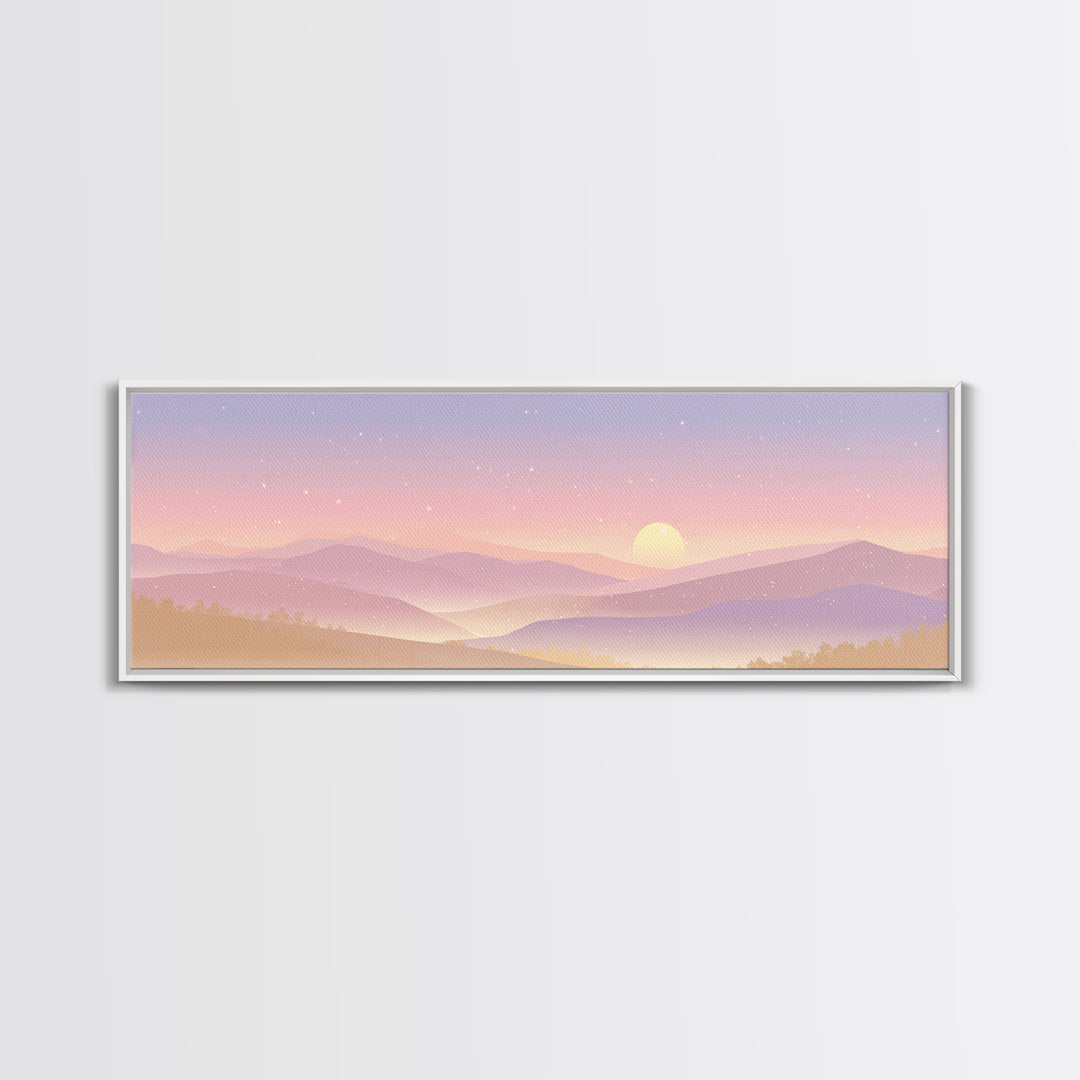 Pastel Mountain Moon Wall Art, Minimalist Sunset Landscape, Celestial Nursery Print, Calming Soft Pink Bedroom Home Decor Gift