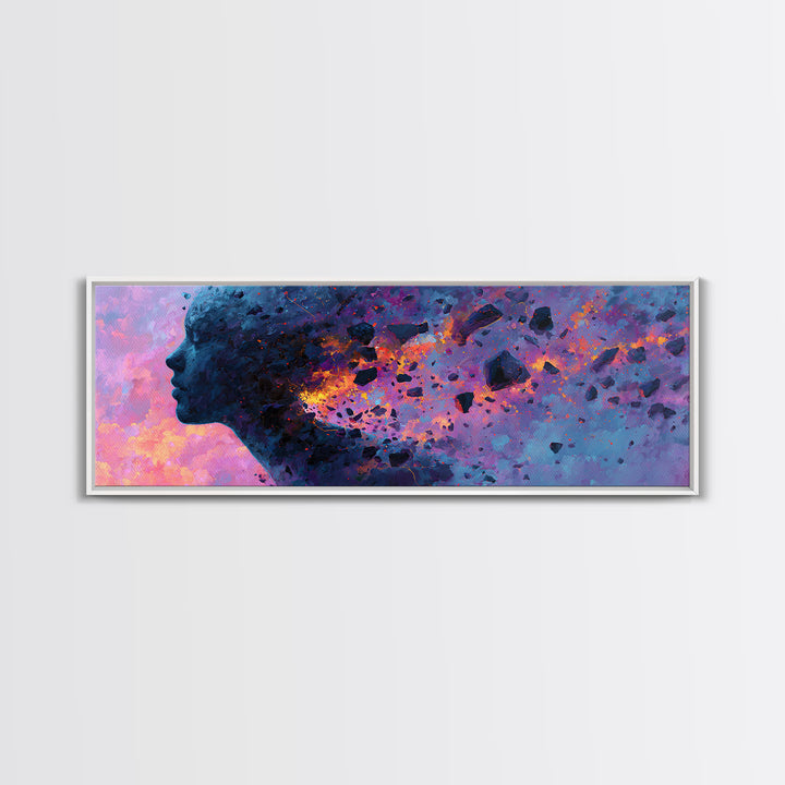 Cosmic Woman Profile Dissolving Into Stars Canvas Print, Surreal Feminine Wall Art For Bedroom Decor And Modern Office Decor