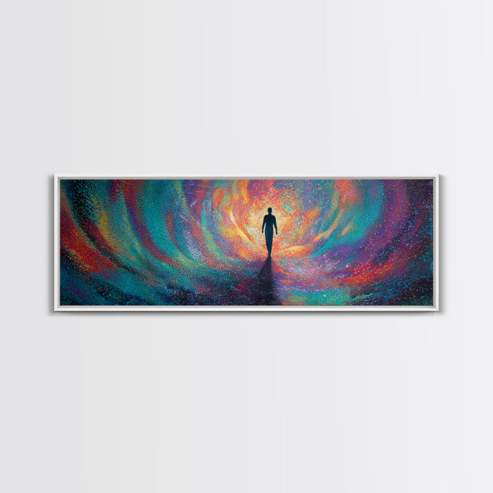 Silhouette Walking Into Rainbow Vortex Wall Art, Abstract Psychedelic Art Print, Meditation Decor, Modern Canvas Print For Living Room