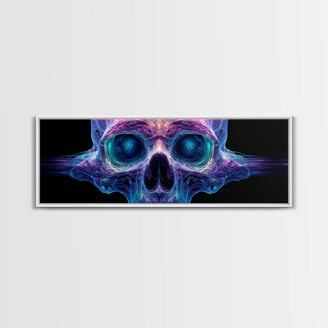 Neon Crystal Skull Wall Art, Gothic Psychedelic Dark Art Print, Futuristic Macabre Decor, Framed Canvas Print For Living Room