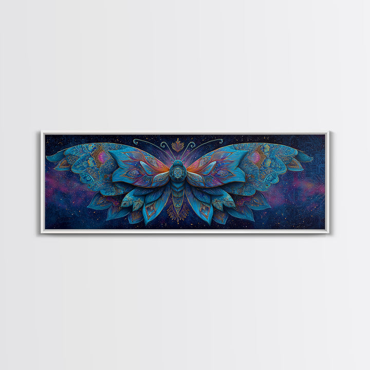 Celestial Blue Moth With Jeweled Wings Framed Canvas Print, Mystical Wall Art For Bedroom Decor And Gift For Her, Boho Celestial Home Decor