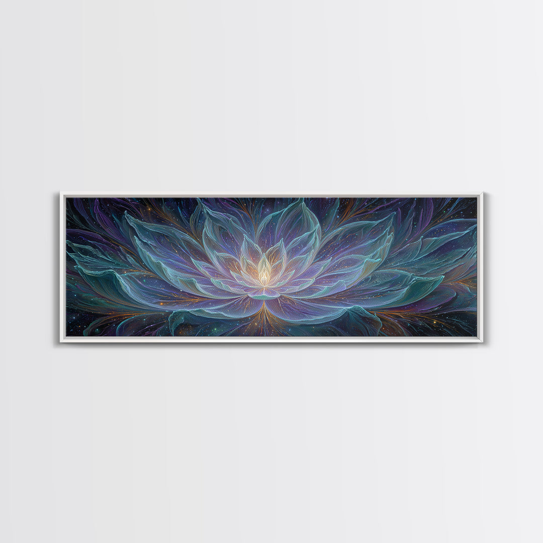 Luminous Cosmic Lotus Canvas Print, Celestial Flower, Meditation Room Art, Spiritual Wall Decor, Yoga Studio Decor Gift Idea