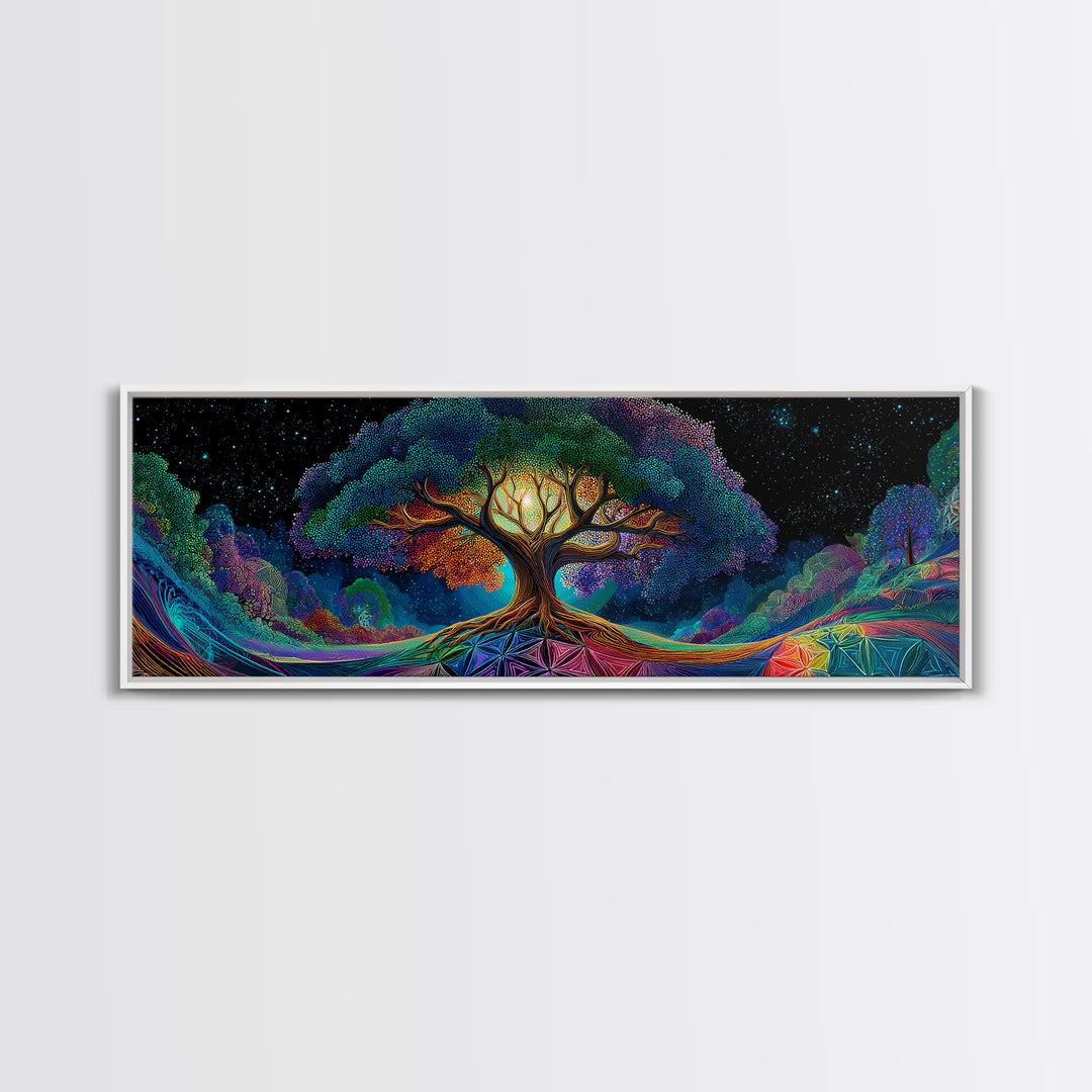Glowing Tree Of Life Under Starry Sky Framed Canvas Print, Mystical Nature Wall Art For Boho Home Decor And Bedroom Decor