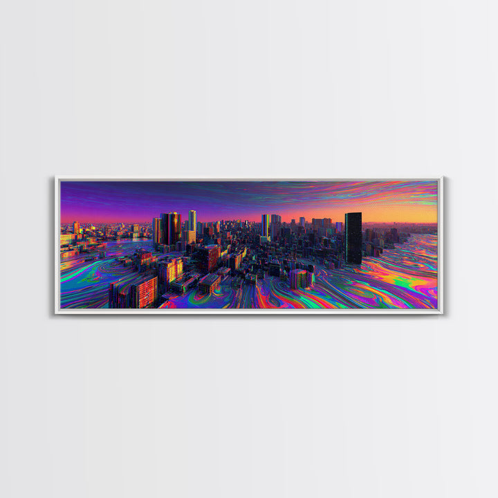 Neon Cyberpunk City Canvas Print, Futuristic Skyline Wall Art, Glitch Urban Decor, Modern Gaming Room Panoramic Wall Art Print