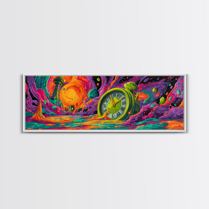 Melting Clock Alien Planet Wall Art, Surreal Psychedelic Landscape Print, Colorful Fantasy Decor, Statement Canvas Print