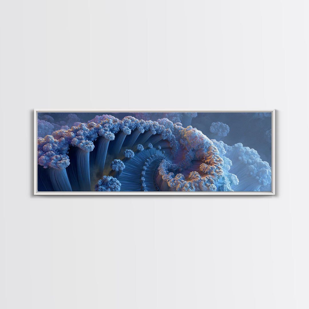 Blue Fractal Ocean Wave And Frozen Spiral Canvas Print, Abstract Seascape Wall Art For Modern Coastal Living Room Home Decor