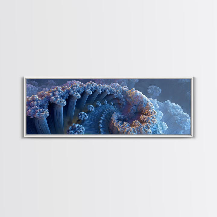Blue Fractal Ocean Wave And Frozen Spiral Canvas Print, Abstract Seascape Wall Art For Modern Coastal Living Room Home Decor