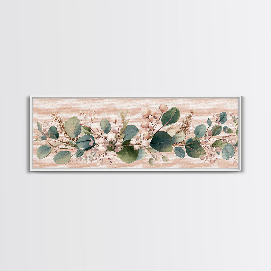 Eucalyptus Cotton Floral Garland Framed Canvas Print, Sage Green Wall Art, Boho Nursery Decor, Farmhouse Home Gift For Her