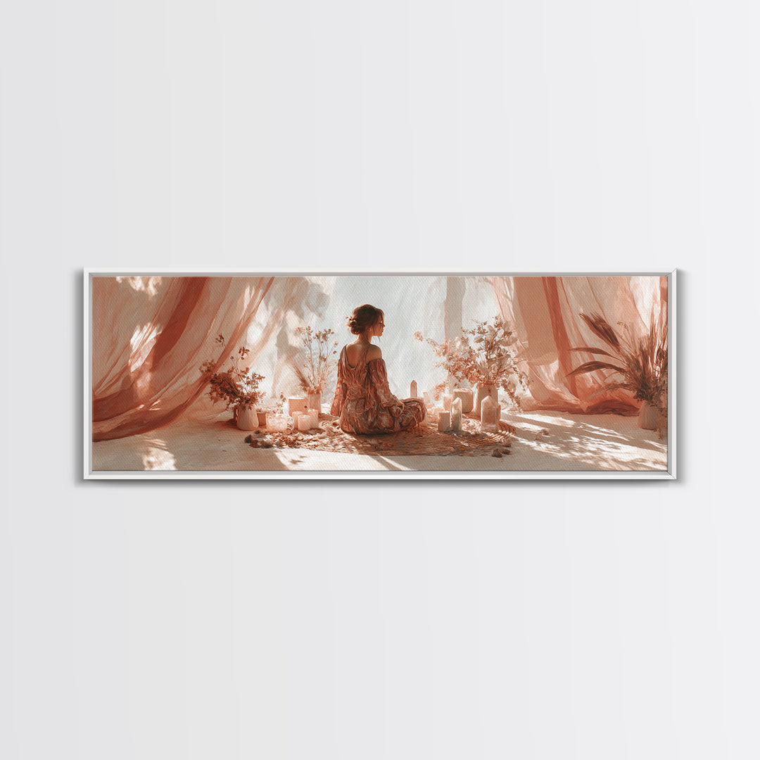 Boho Woman Candle Meditation Wall Art, Blush Drapery Sanctuary, Feminine Bedroom Decor, Spiritual Canvas, Gift For Her Print