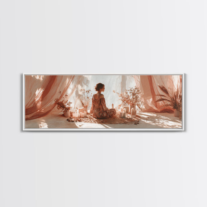 Boho Woman Candle Meditation Wall Art, Blush Drapery Sanctuary, Feminine Bedroom Decor, Spiritual Canvas, Gift For Her Print