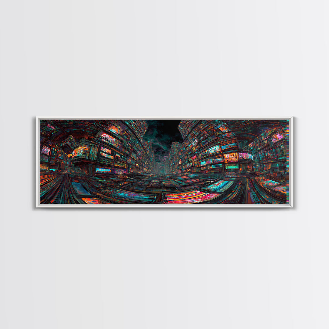 Neon Cyberpunk City With Glitch Streets Framed Canvas Print, Futuristic Wall Art For Gaming Room Decor And Office Decor, Gift For Him