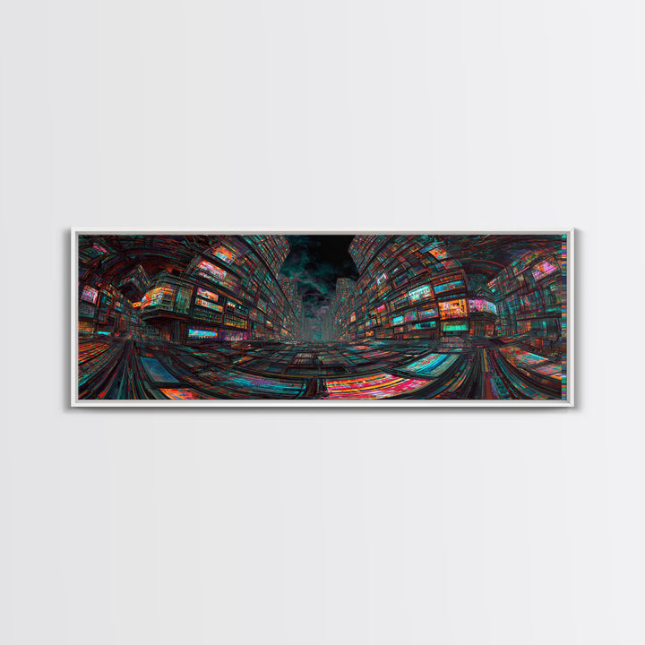 Neon Cyberpunk City With Glitch Streets Framed Canvas Print, Futuristic Wall Art For Gaming Room Decor And Office Decor, Gift For Him