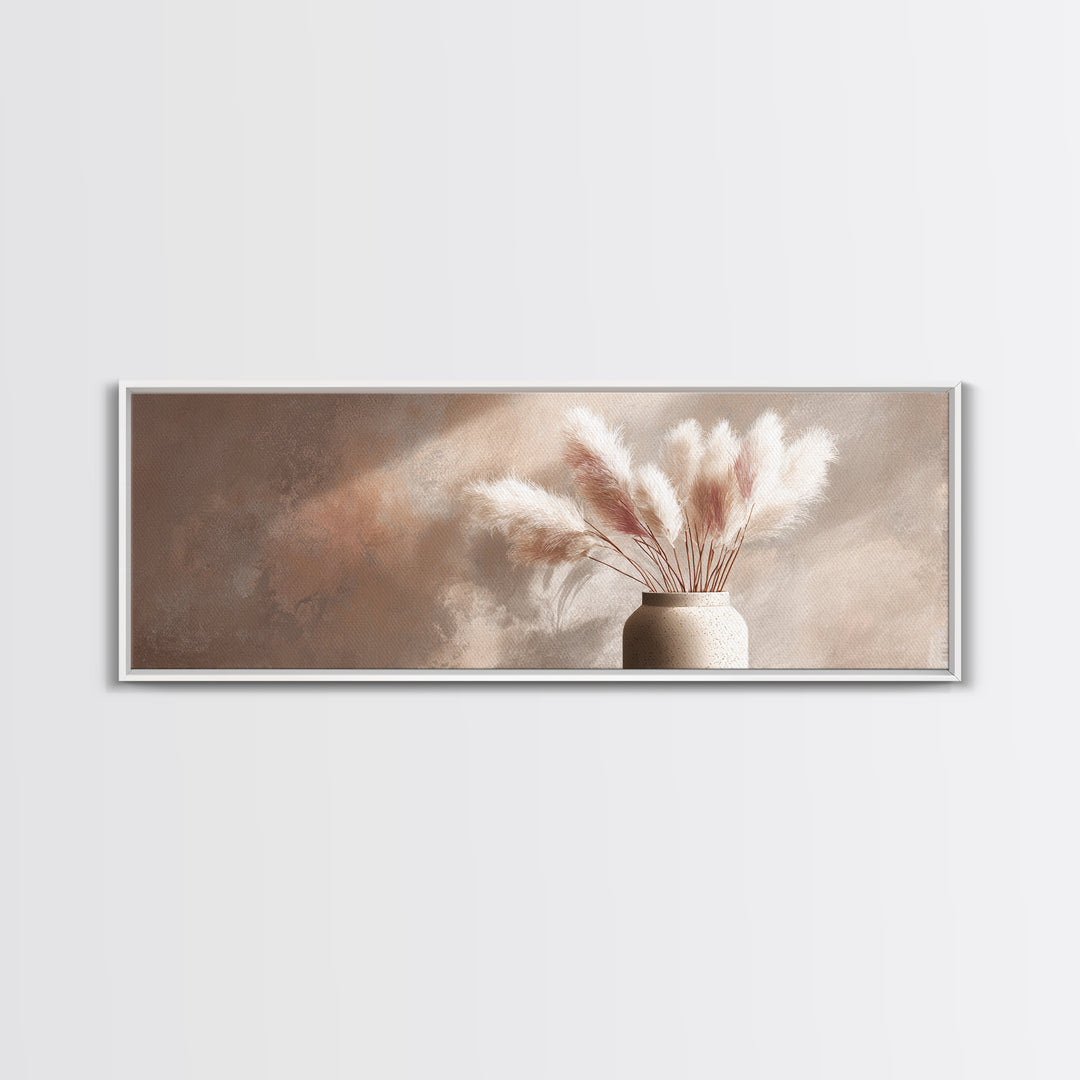 Neutral Pampas Grass Vase Framed Canvas Print, Beige Minimalist Wall Art, Japandi Home Decor, Modern Living Room Decor Print