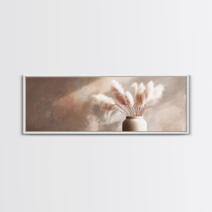 Neutral Pampas Grass Vase Framed Canvas Print, Beige Minimalist Wall Art, Japandi Home Decor, Modern Living Room Decor Print
